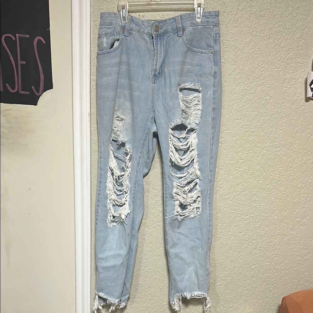 Blue Ankle Cropped Distressed Jeans